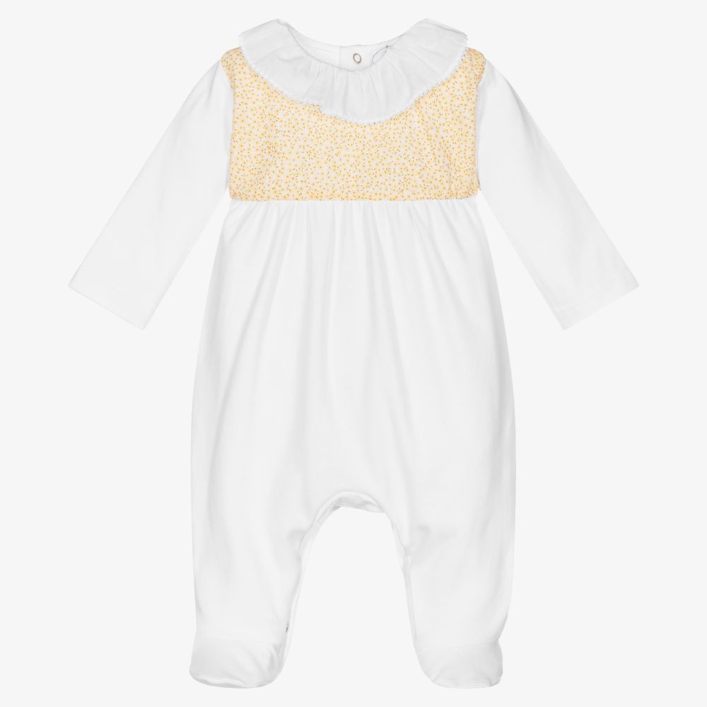 Laranjinha - White & Yellow Cotton Babygrow | Childrensalon