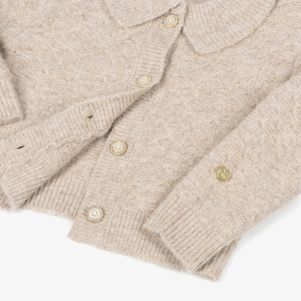 Le Chic-Beige Knit Collared Cardigan | Childrensalon Outlet