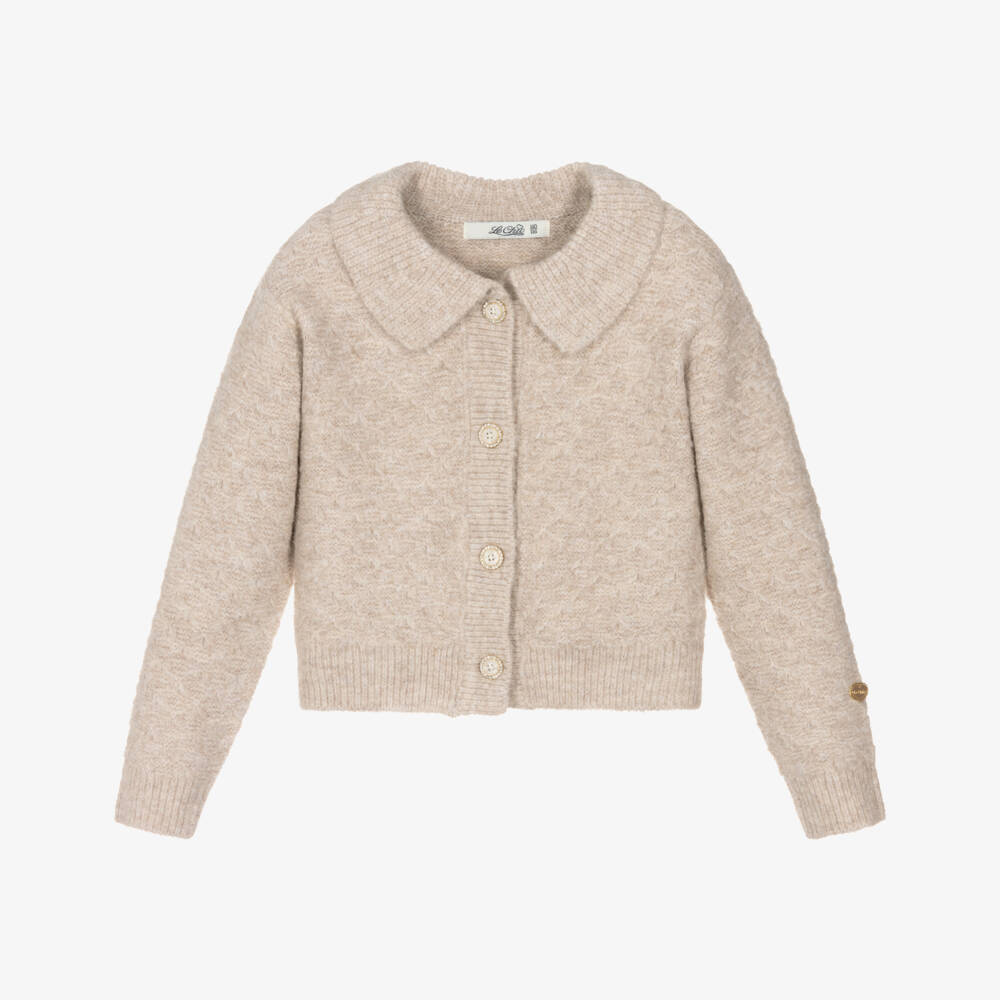 Le Chic-Beige Knit Collared Cardigan | Childrensalon Outlet