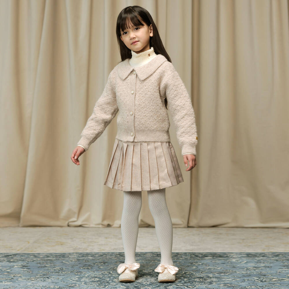 Le Chic-Beige Knit Collared Cardigan | Childrensalon Outlet