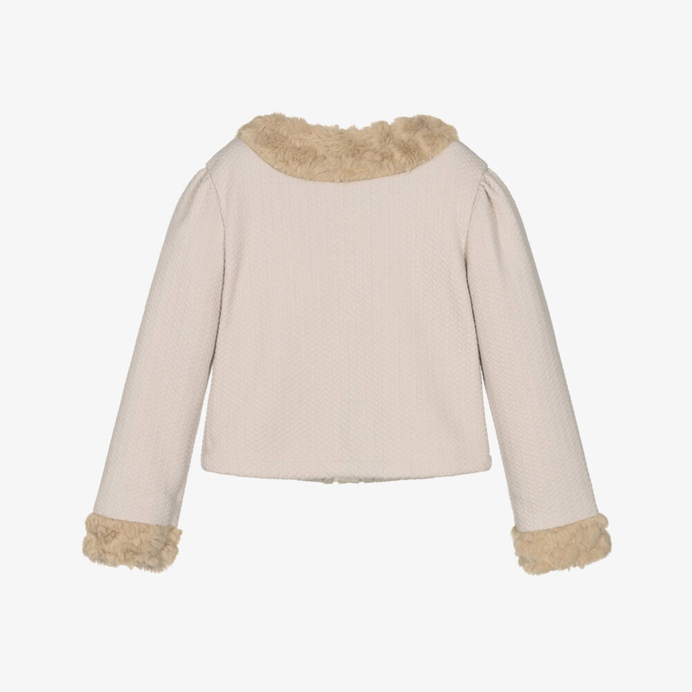 Le Chic-Beige Ribbed Fur Collar Cardigan | Childrensalon Outlet