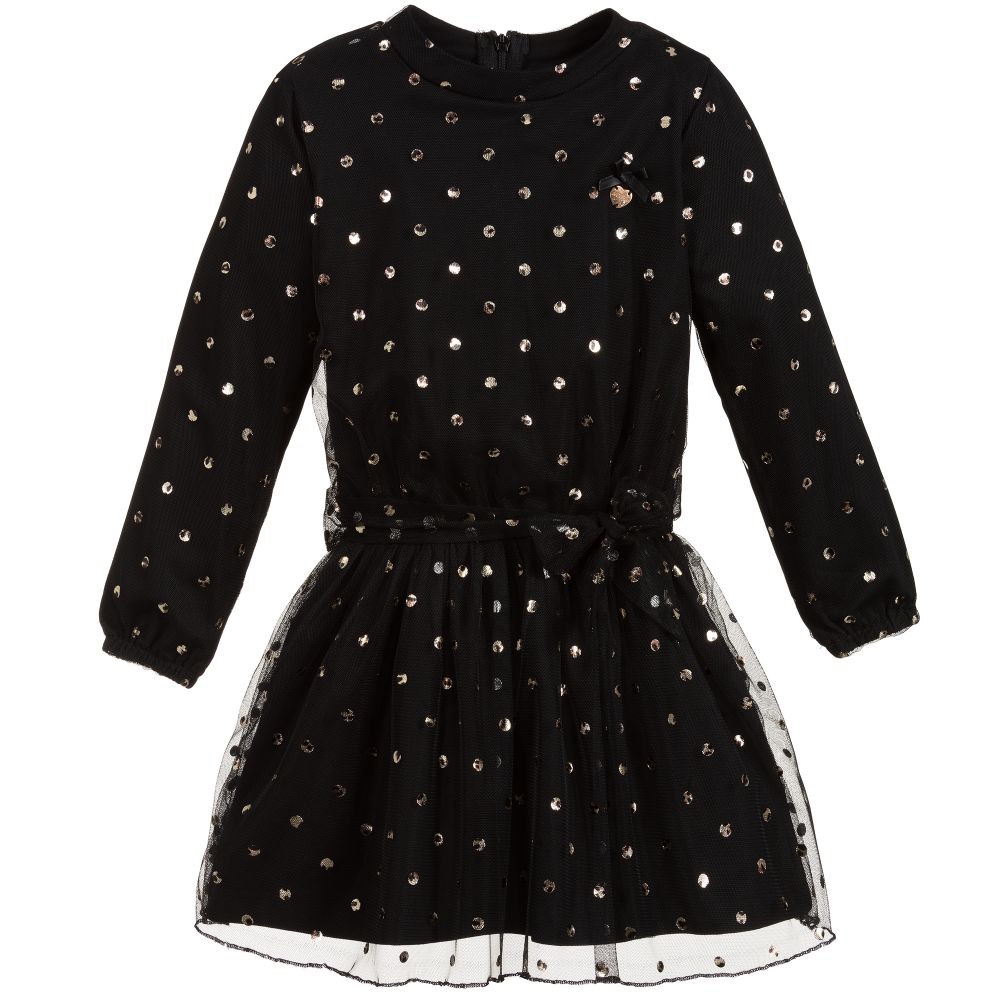 Le Chic - Robe noire et dorée en tulle à pois | Childrensalon