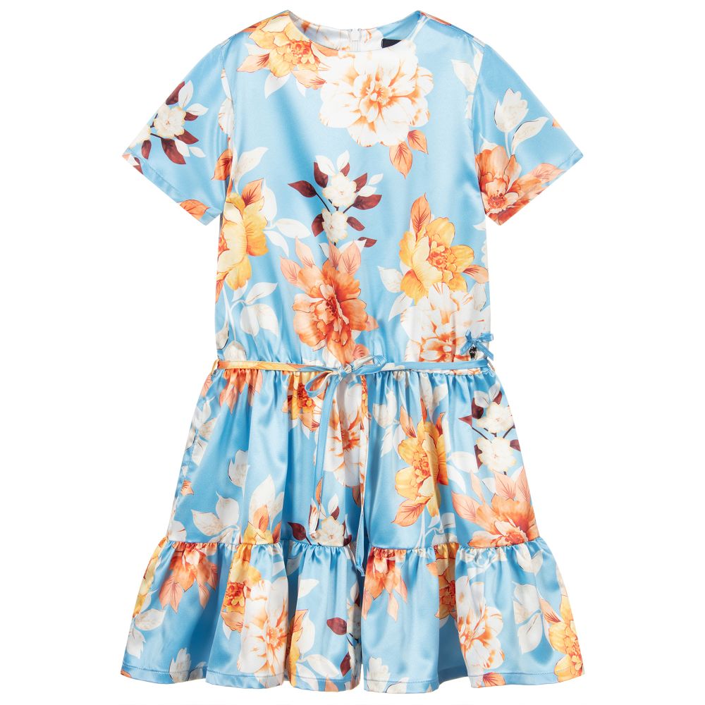 Le Chic - Robe bleue à fleurs en satin  | Childrensalon