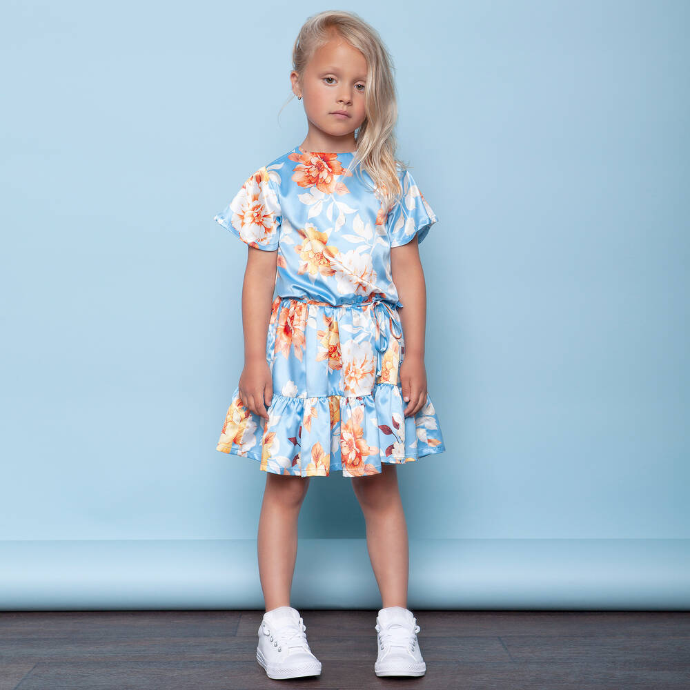 Le Chic-Blue Floral Satin Dress  | Childrensalon Outlet