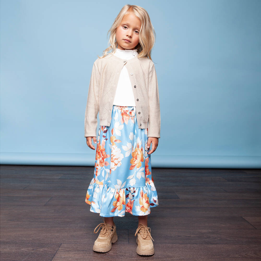 Le Chic-Blue Floral Satin Skirt  | Childrensalon Outlet