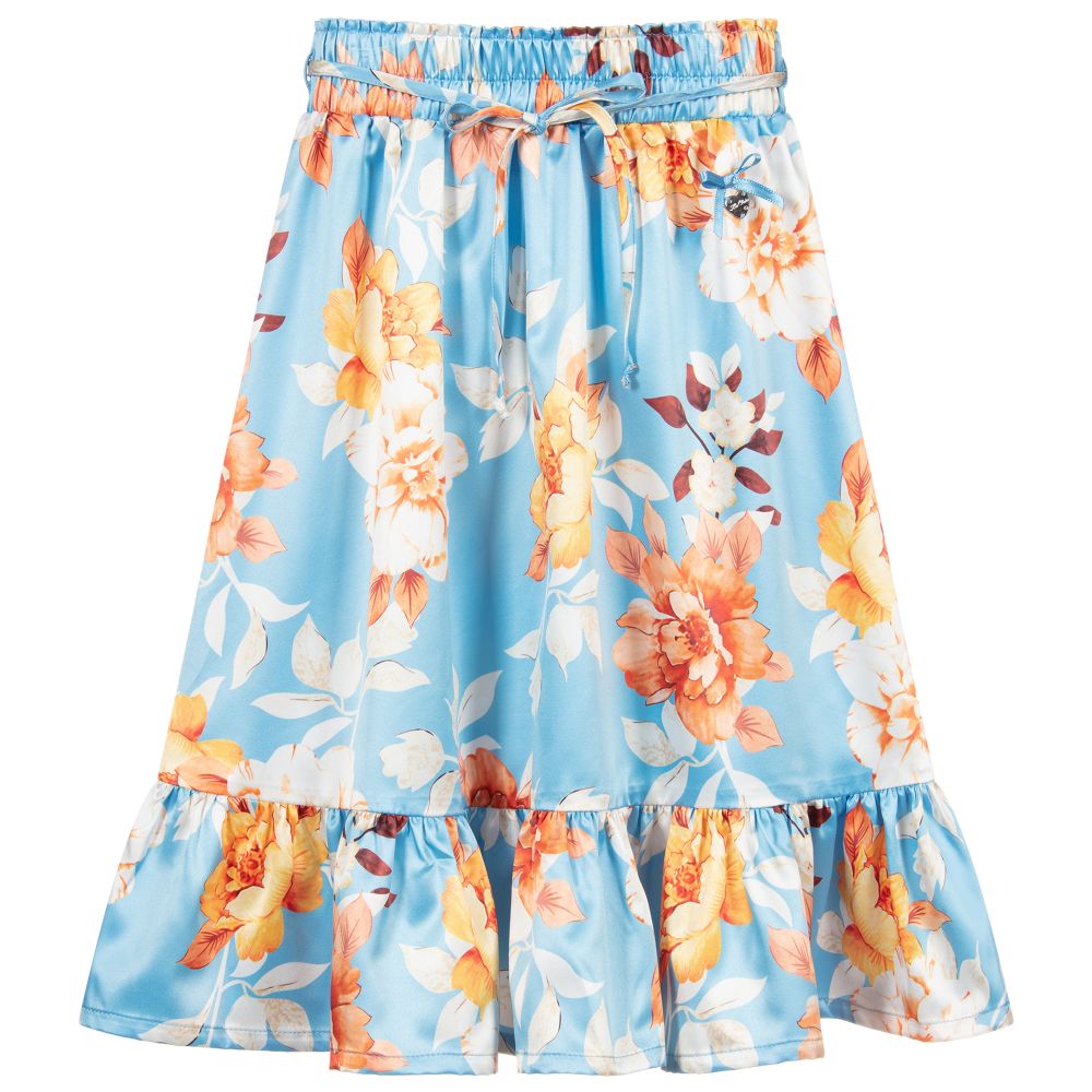 Le Chic - Blue Floral Satin Skirt  | Childrensalon