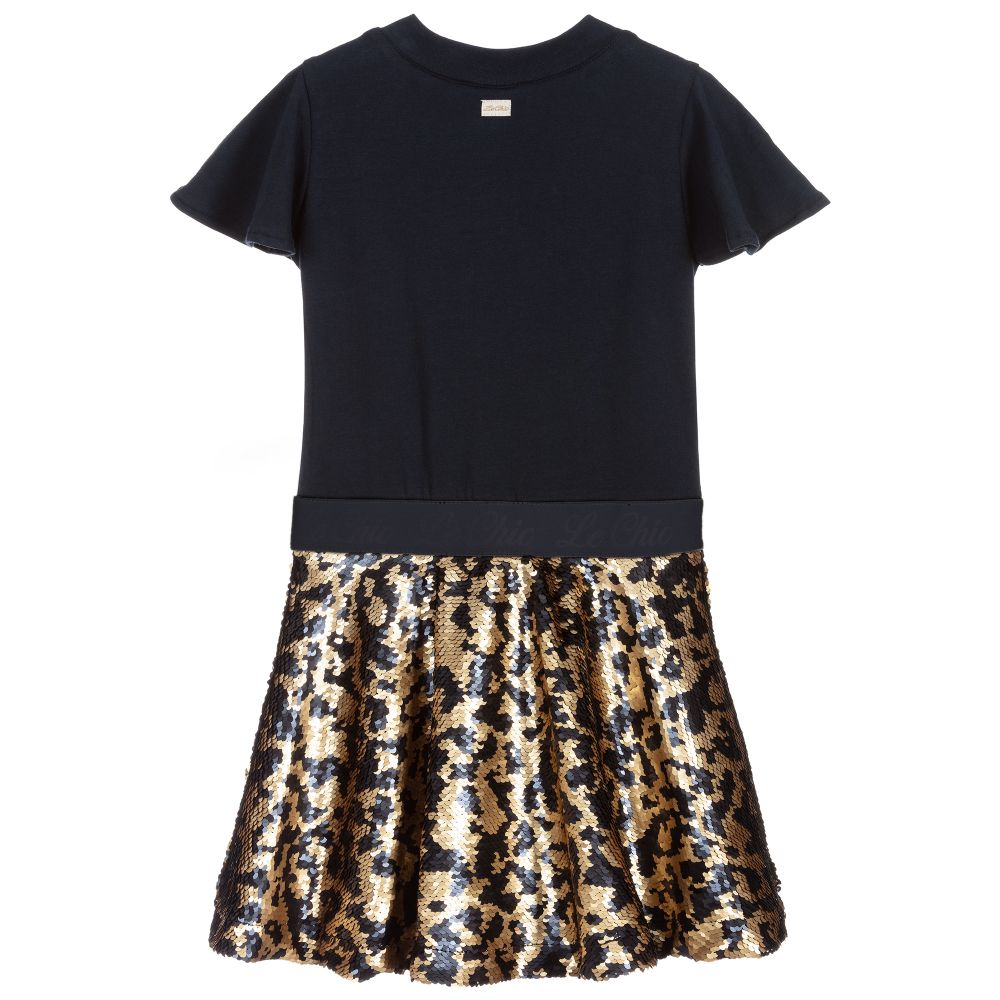 Le Chic Blue & Gold Sequin Dress Childrensalon Outlet