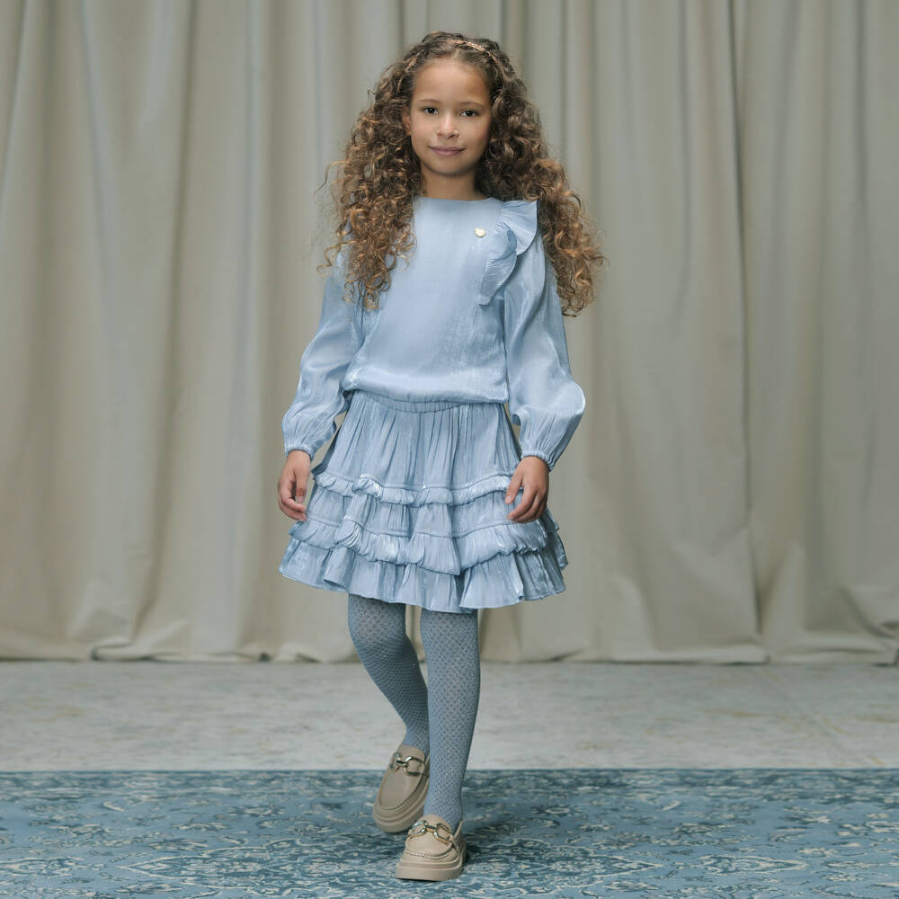 Le Chic-Blue Silky Ruffle Blouse | Childrensalon Outlet