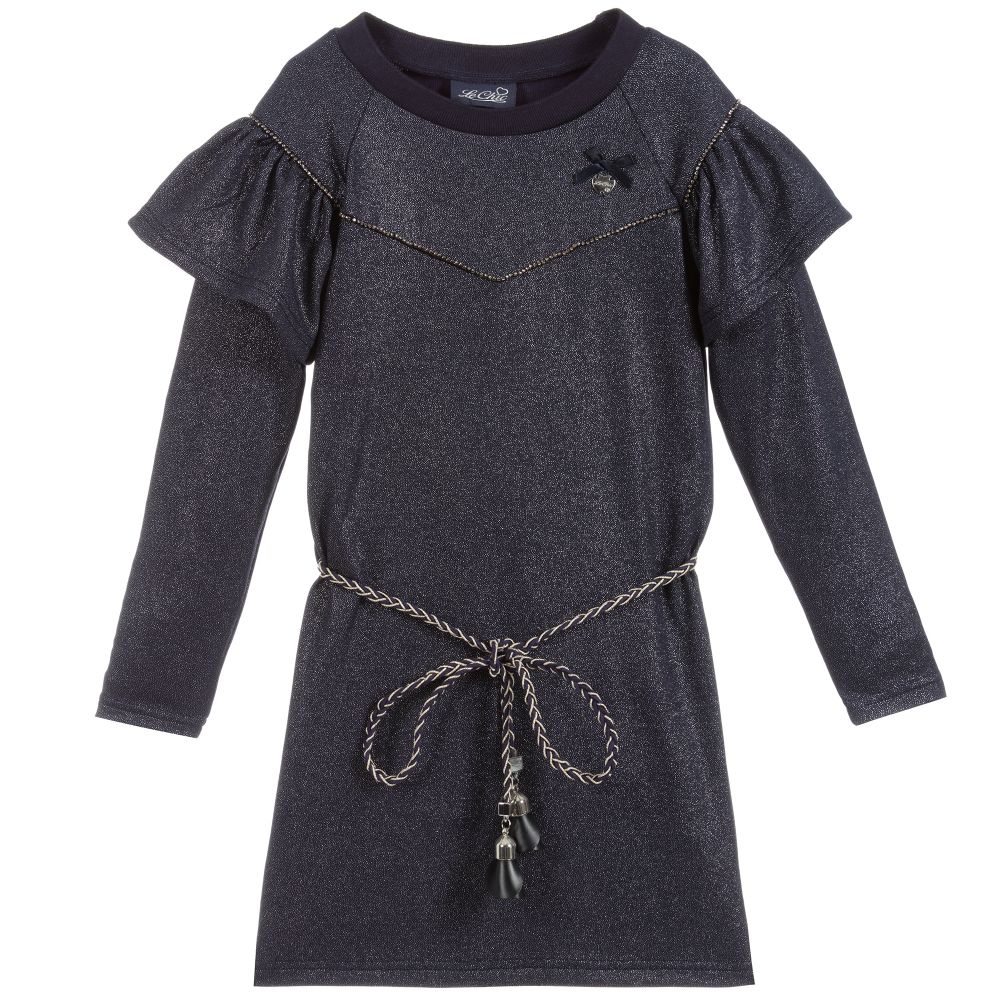 Le Chic - Blue Sparkle Belted Dress  | Childrensalon