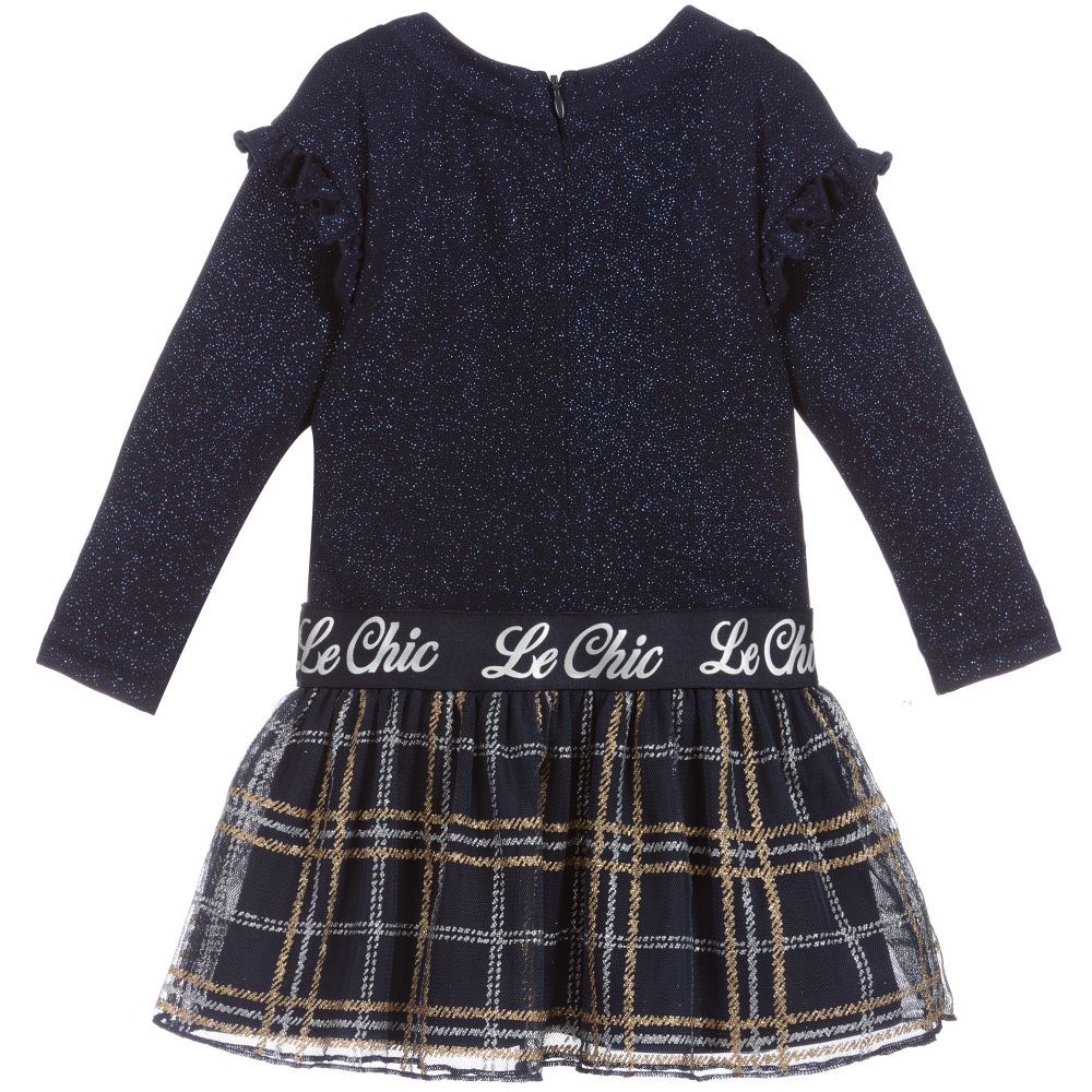 Le Chic Blue Sparkly Tartan Baby Dress