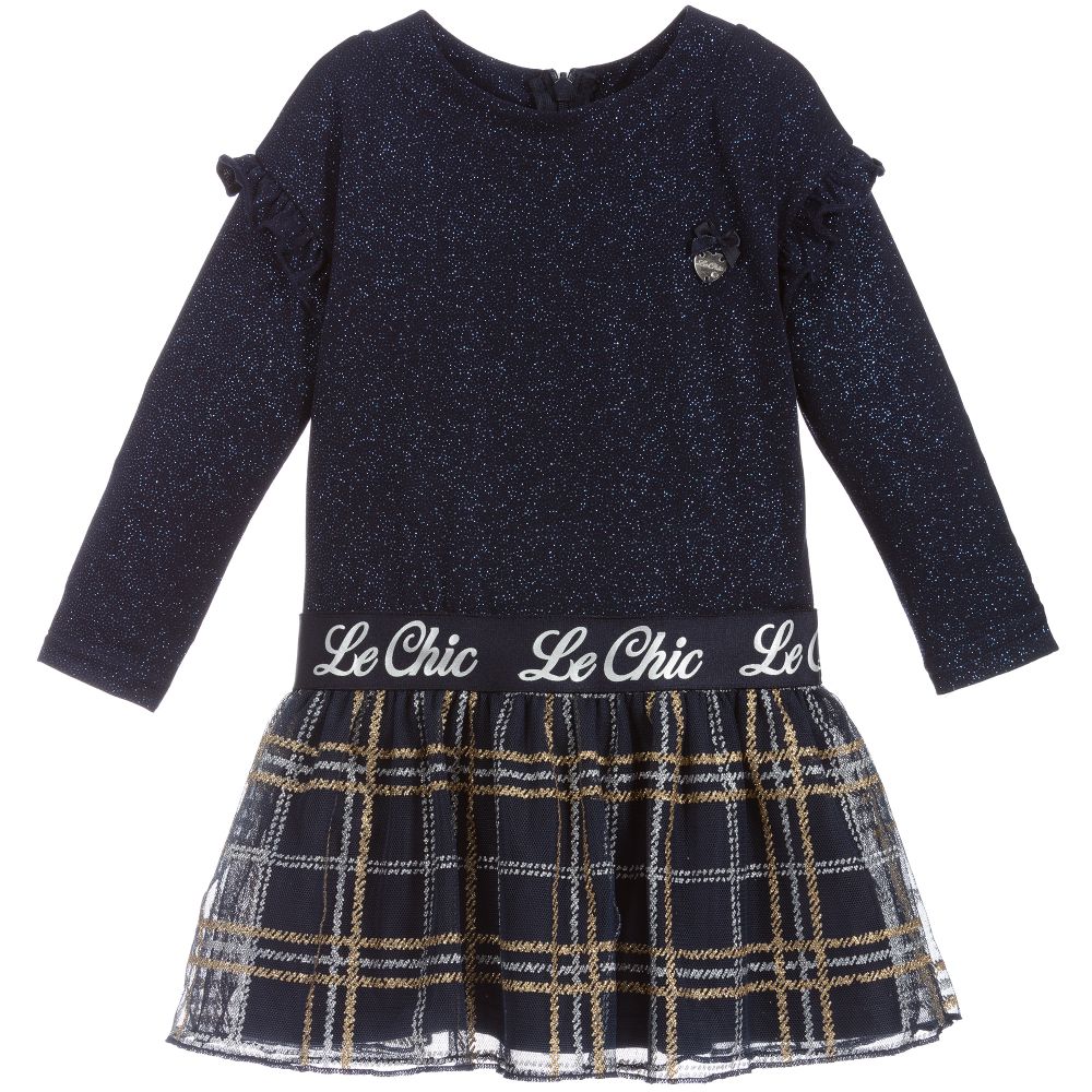 Le Chic - فستان جيرسي وتول لون كحلي، ذهبي وفضّي للمولودات | Childrensalon