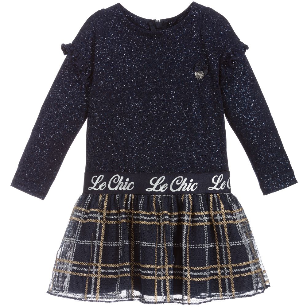 Le Chic - Blaues glitzerndes Schottenkarokleid (B) | Childrensalon