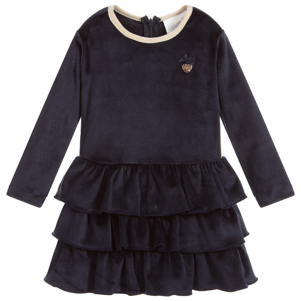 Le Chic - Blue Velvet Ruffle Dress | Childrensalon