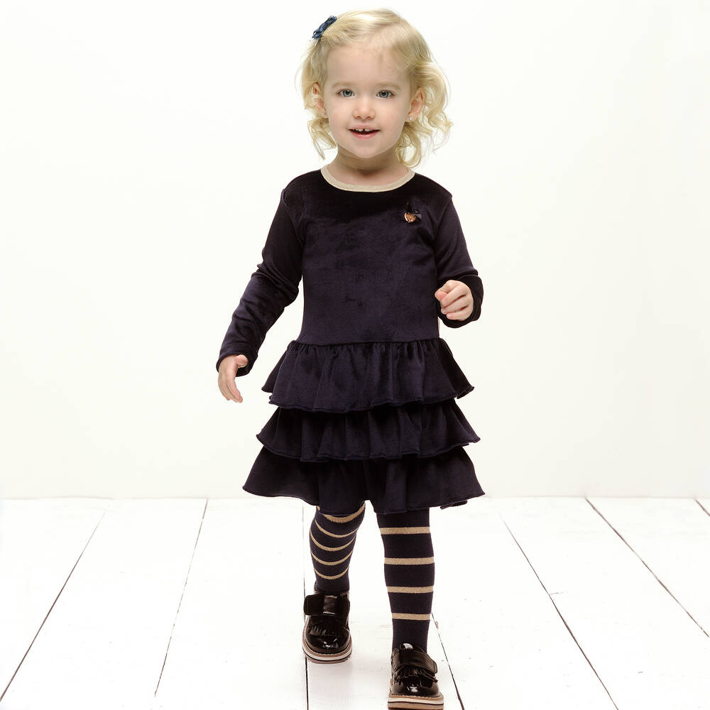 Le Chic-Blue Velvet Ruffle Dress | Childrensalon Outlet