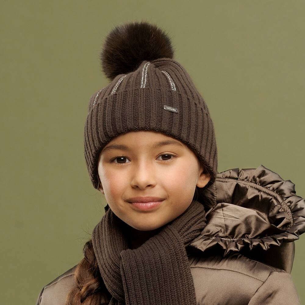Le Chic-Brown Diamanté Pom-Pom Hat | Childrensalon Outlet