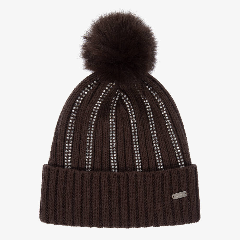 Le Chic - Brown Diamanté Pom-Pom Hat | Childrensalon