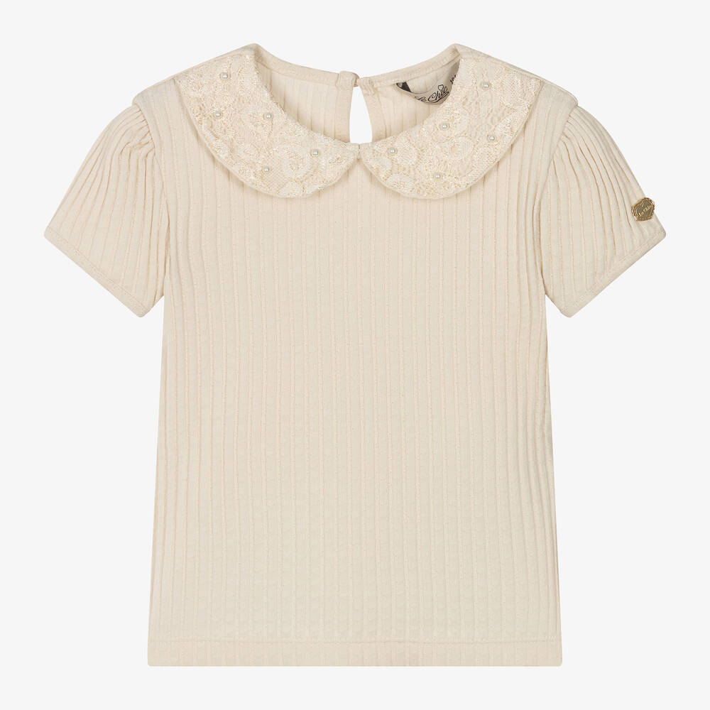 Le Chic-Girls Beige Cotton Lace Collar Top | Childrensalon Outlet