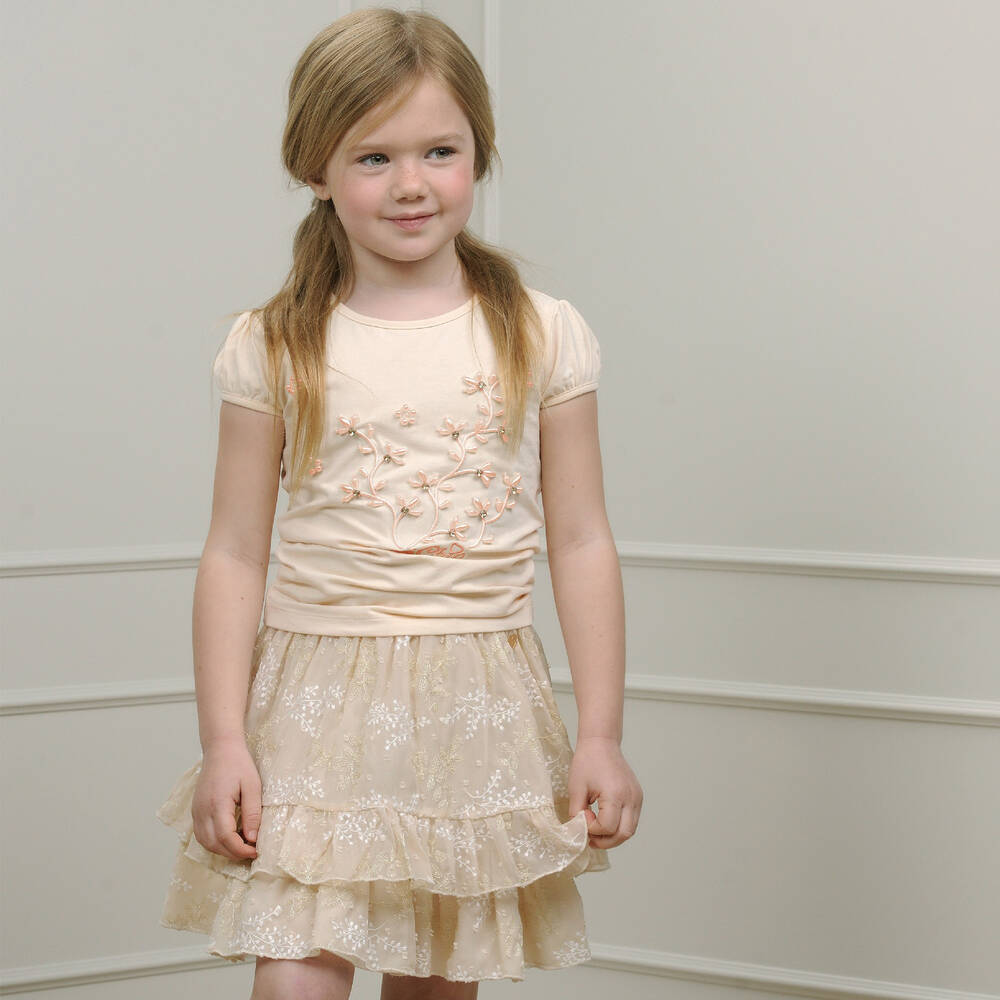 Le Chic Girls Beige Embroidered Chiffon Skirt