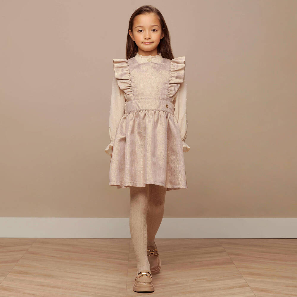 Le Chic-Girls Beige & Gold Pinafore Dress | Childrensalon Outlet