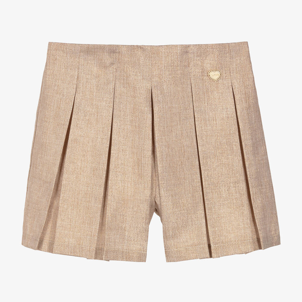 Le Chic - Girls Beige & Gold Pleated Shorts | Childrensalon