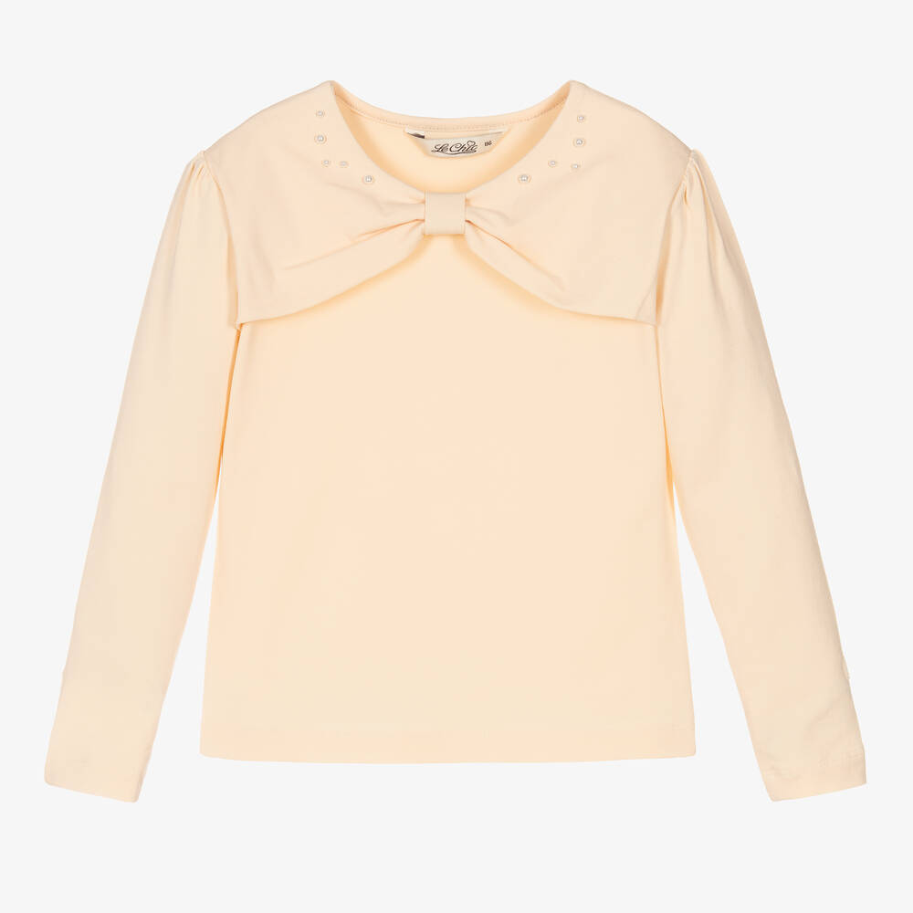 Le Chic - Girls Beige Pearl Bow Top | Childrensalon