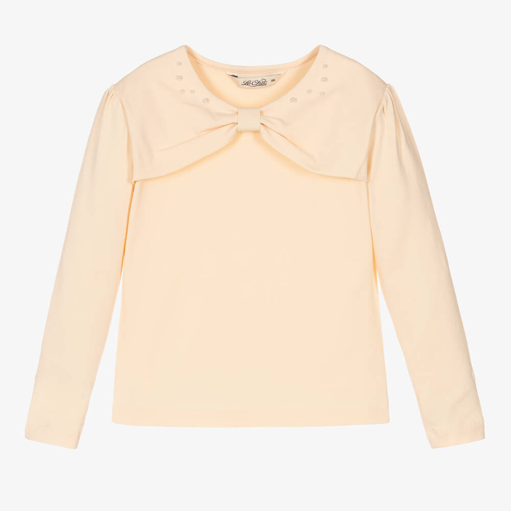 Le Chic-Girls Beige Pearl Bow Top | Childrensalon Outlet