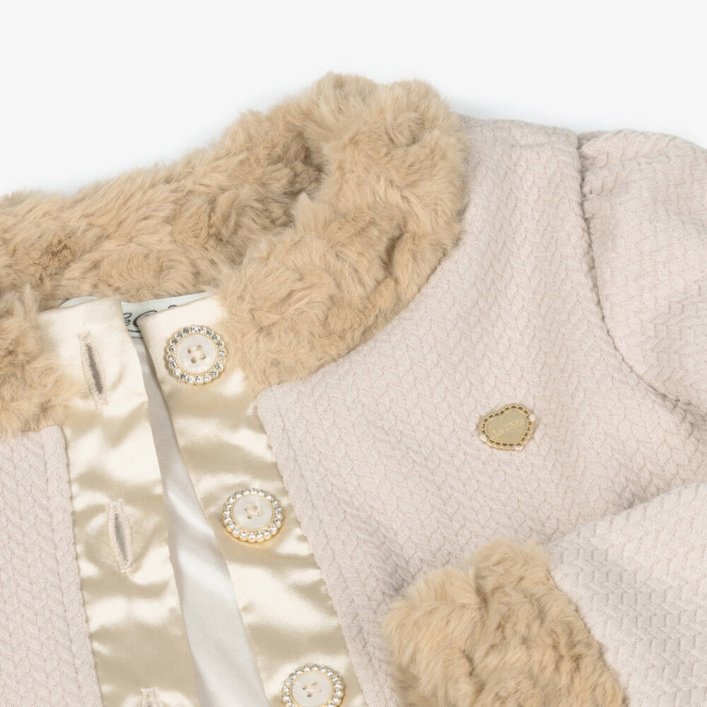 Le Chic-Girls Beige Ribbed Cardigan with Faux Fur Trims | Childrensalon Outlet