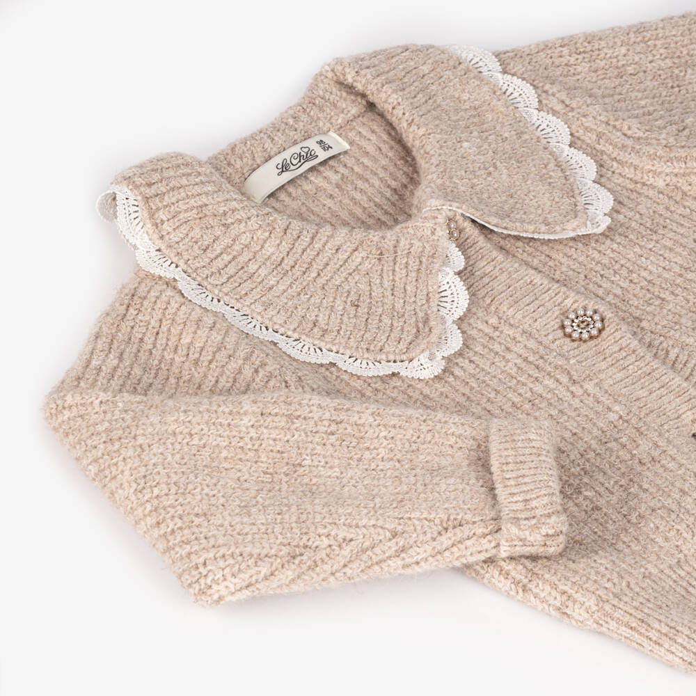 Le Chic-Girls Beige Ribbed Knit Cardigan | Childrensalon Outlet