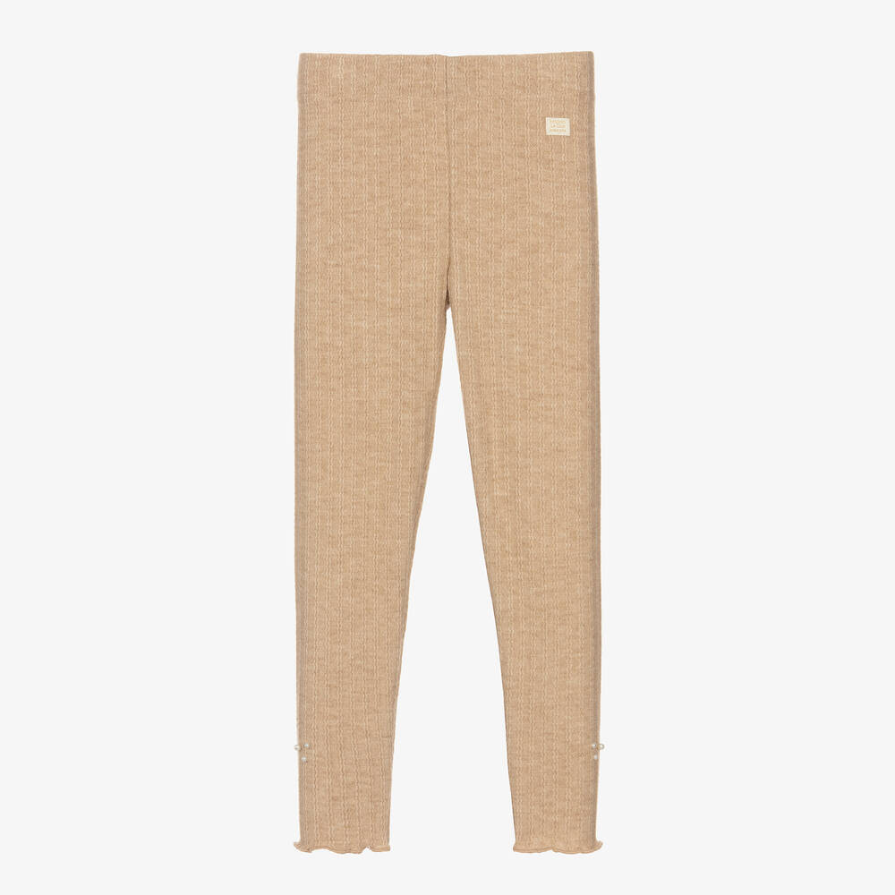 Le Chic - Girls Beige Ribbed Leggings | Childrensalon