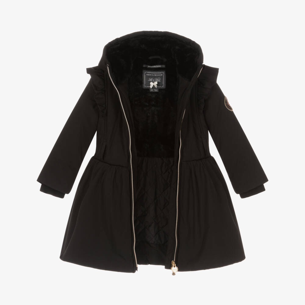 Le Chic-Girls Black Hooded Coat with Ruffles | Childrensalon Outlet