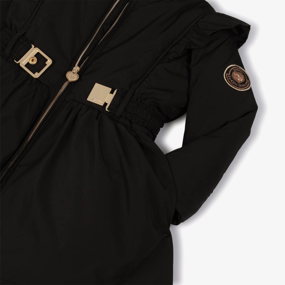 Le Chic-Girls Black Hooded Coat with Ruffles | Childrensalon Outlet