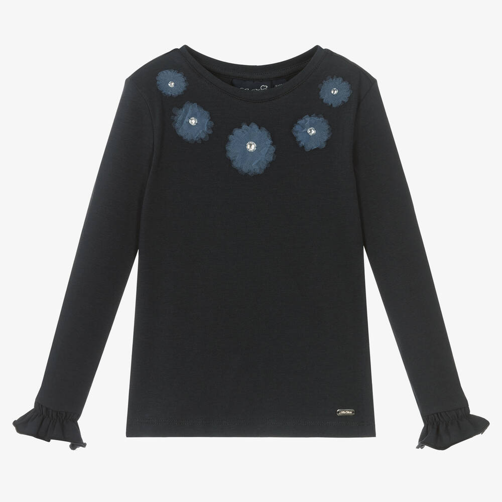 Le Chic - Girls Blue Cotton Flower Top  | Childrensalon