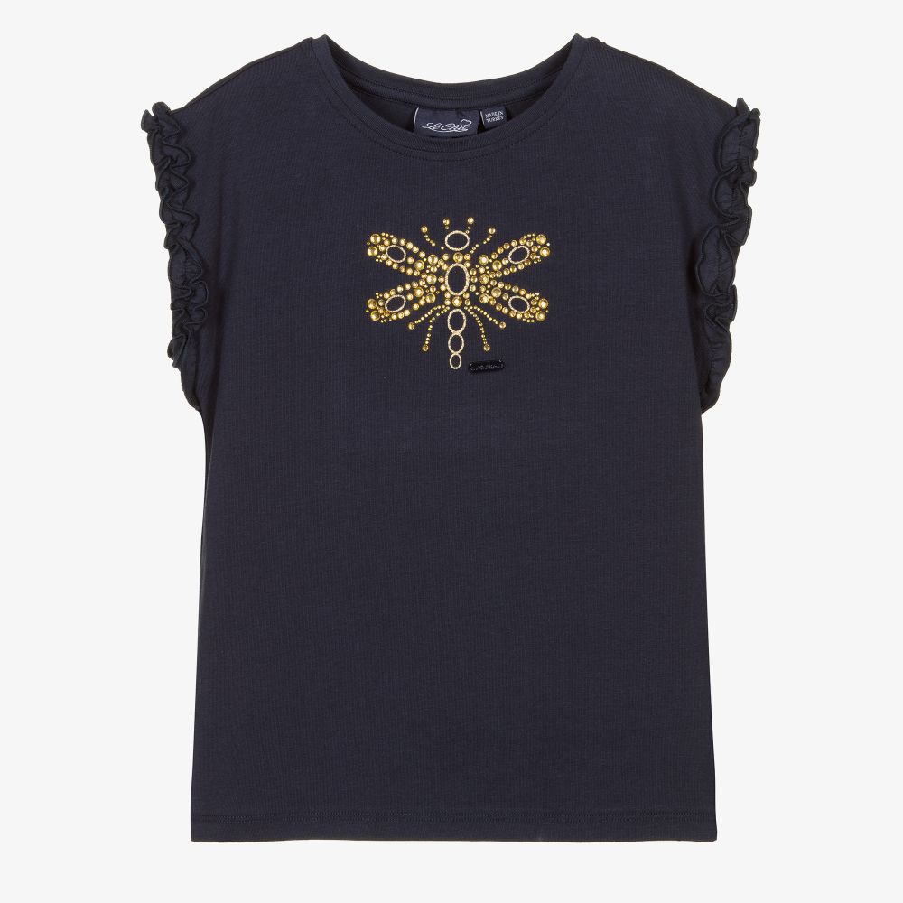 Le Chic - Girls Blue Diamanté T-Shirt | Childrensalon