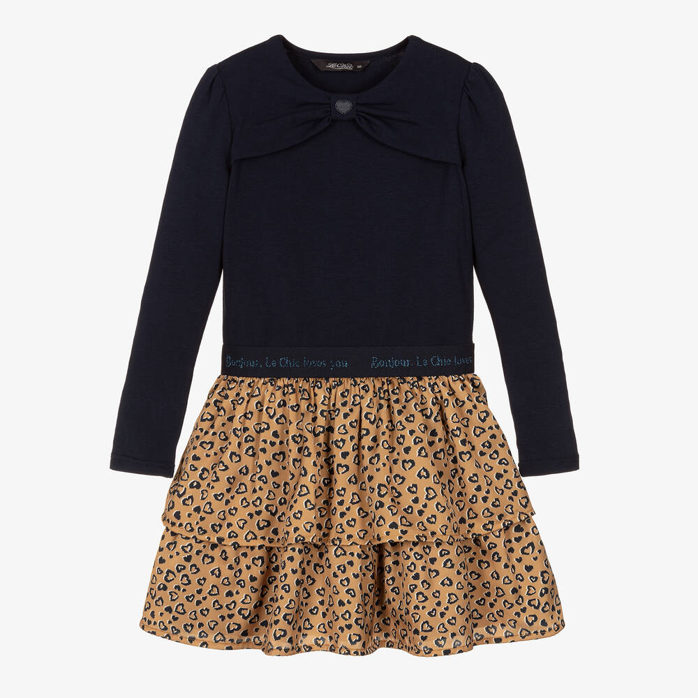 Le Chic - Girls Blue & Gold Leopard Print Dress | Childrensalon