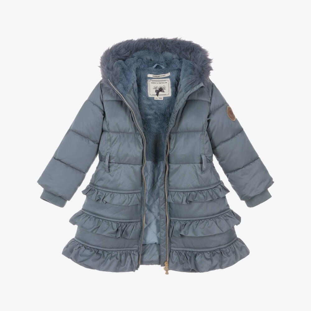 Le Chic-Girls Blue Hooded Puffer Coat with Faux Fur Trim | Childrensalon Outlet