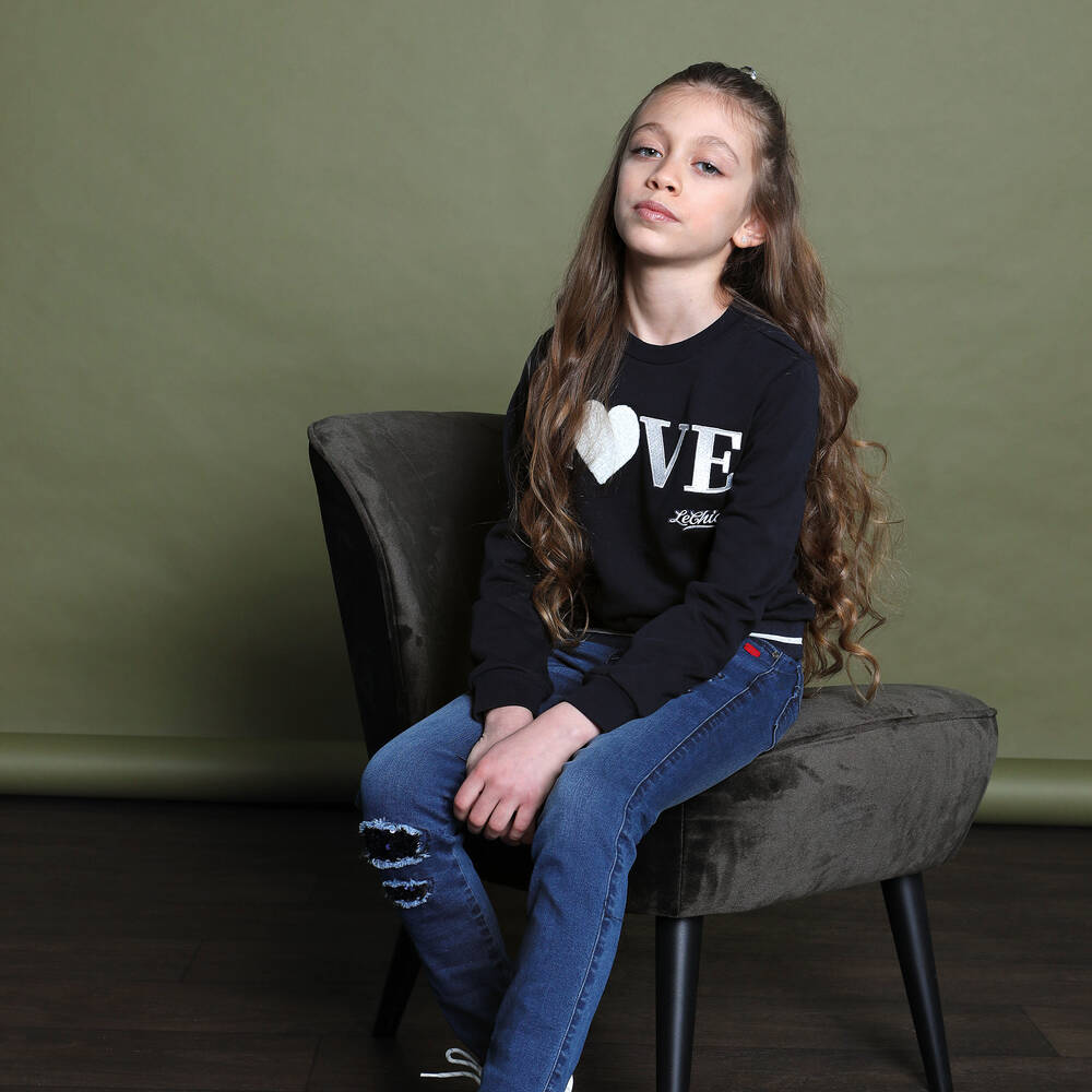 Le Chic-سويتشيرت قطن جيرسي لون كحلي للبنات | Childrensalon Outlet