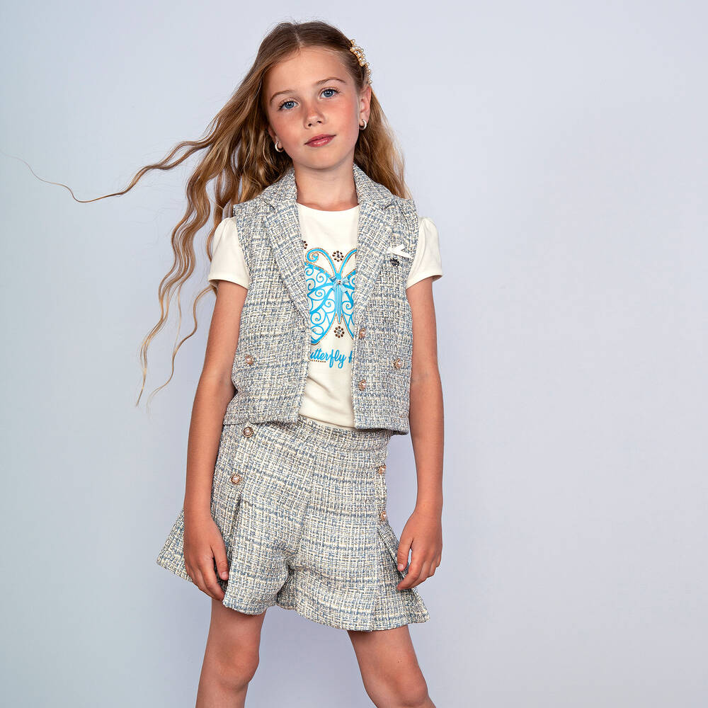 Le Chic Girls Blue Tweed Waistcoat Childrensalon Outlet