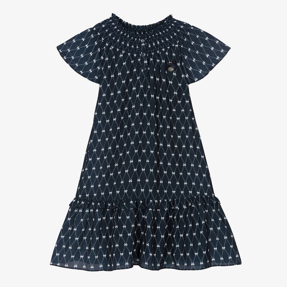 Le Chic - Girls Blue & White Chiffon Bow Dress | Childrensalon