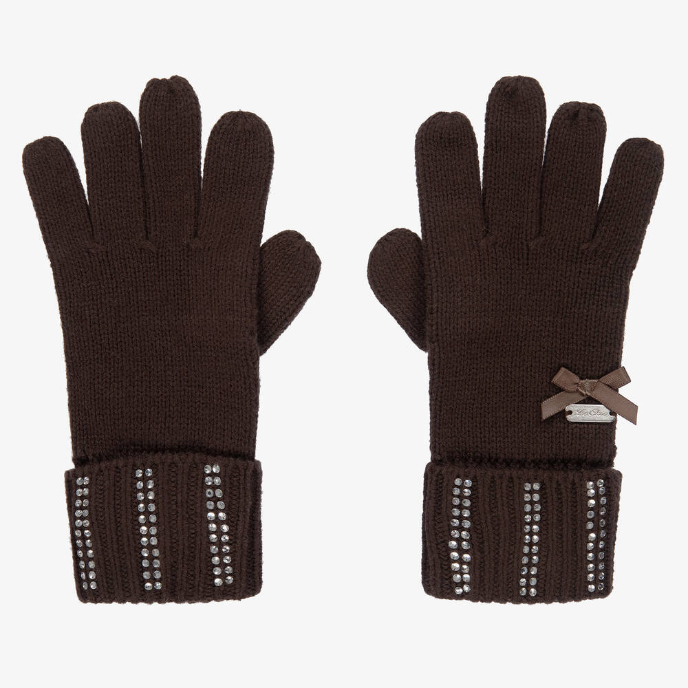 Le Chic - Girls Brown Diamanté Gloves | Childrensalon