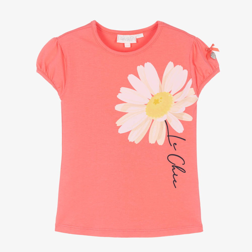 Le Chic - Girls Coral Pink Cotton Daisy T-Shirt | Childrensalon