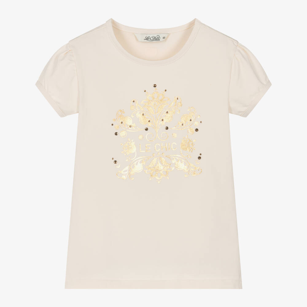 Le Chic-تي شيرت عاجي بناتي مزين بالزهور وشعار العلامة | Childrensalon Outlet
