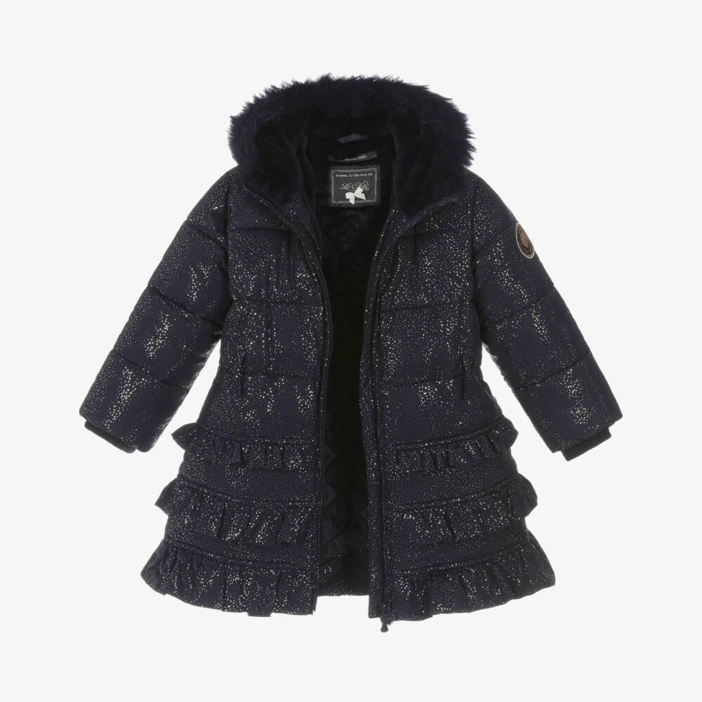 Le Chic-Girls Glittery Navy Blue Hooded Puffer Coat with Faux Fur Trim | Childrensalon Outlet