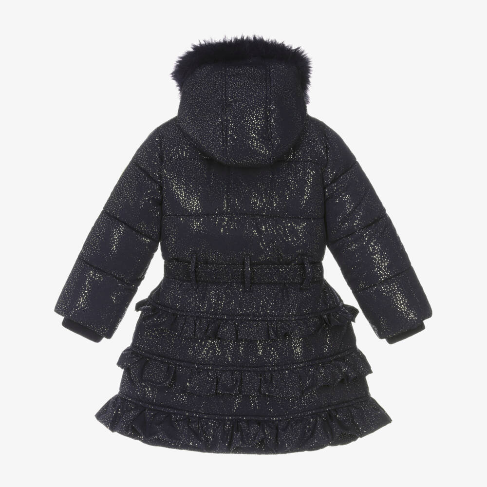 Le Chic-Girls Glittery Navy Blue Hooded Puffer Coat with Faux Fur Trim | Childrensalon Outlet