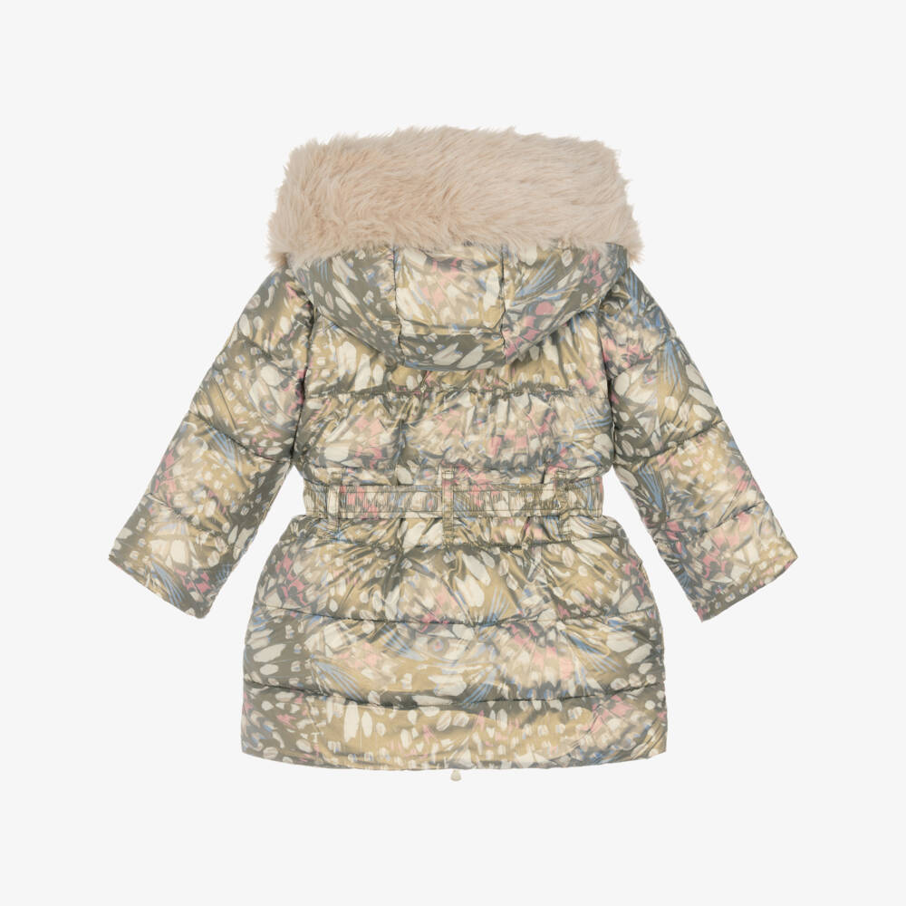 Le Chic-Girls Gold Butterfly Print Coat with Faux Fur Trim Hood | Childrensalon Outlet