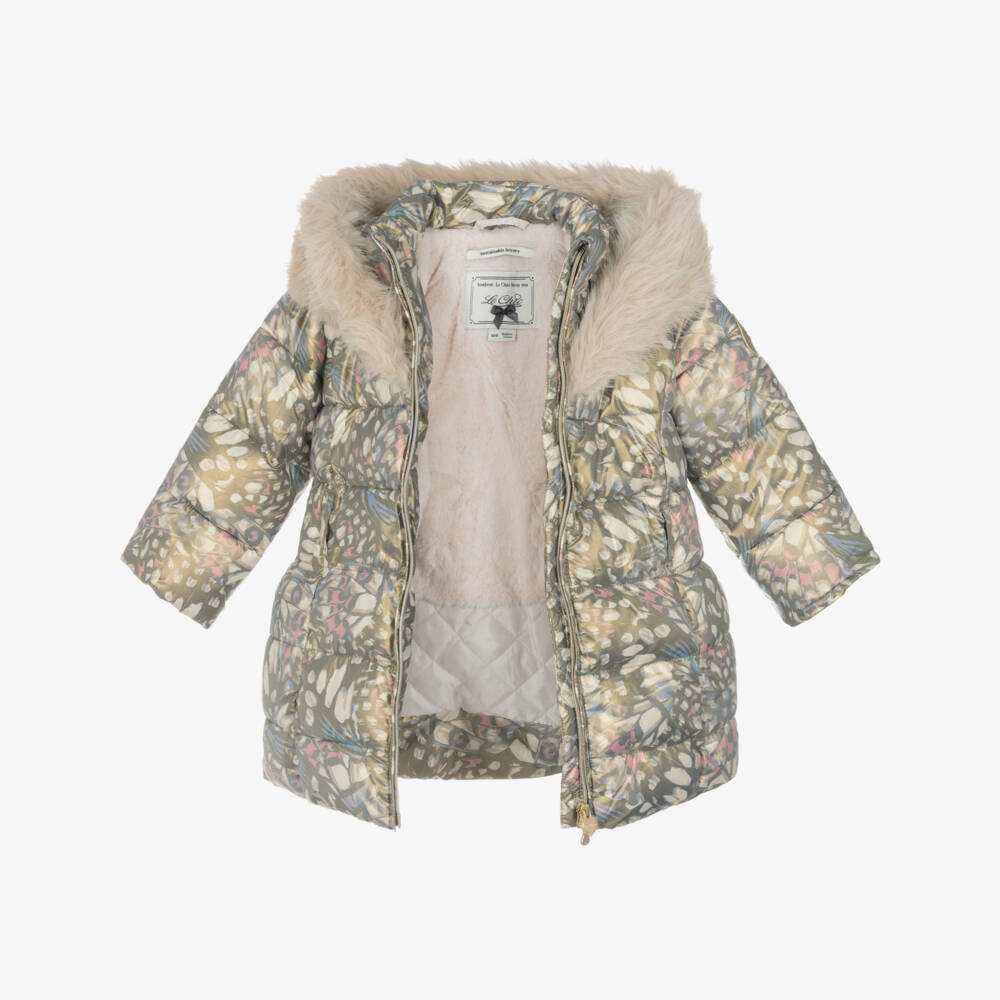 Le Chic-Girls Gold Butterfly Print Coat with Faux Fur Trim Hood | Childrensalon Outlet