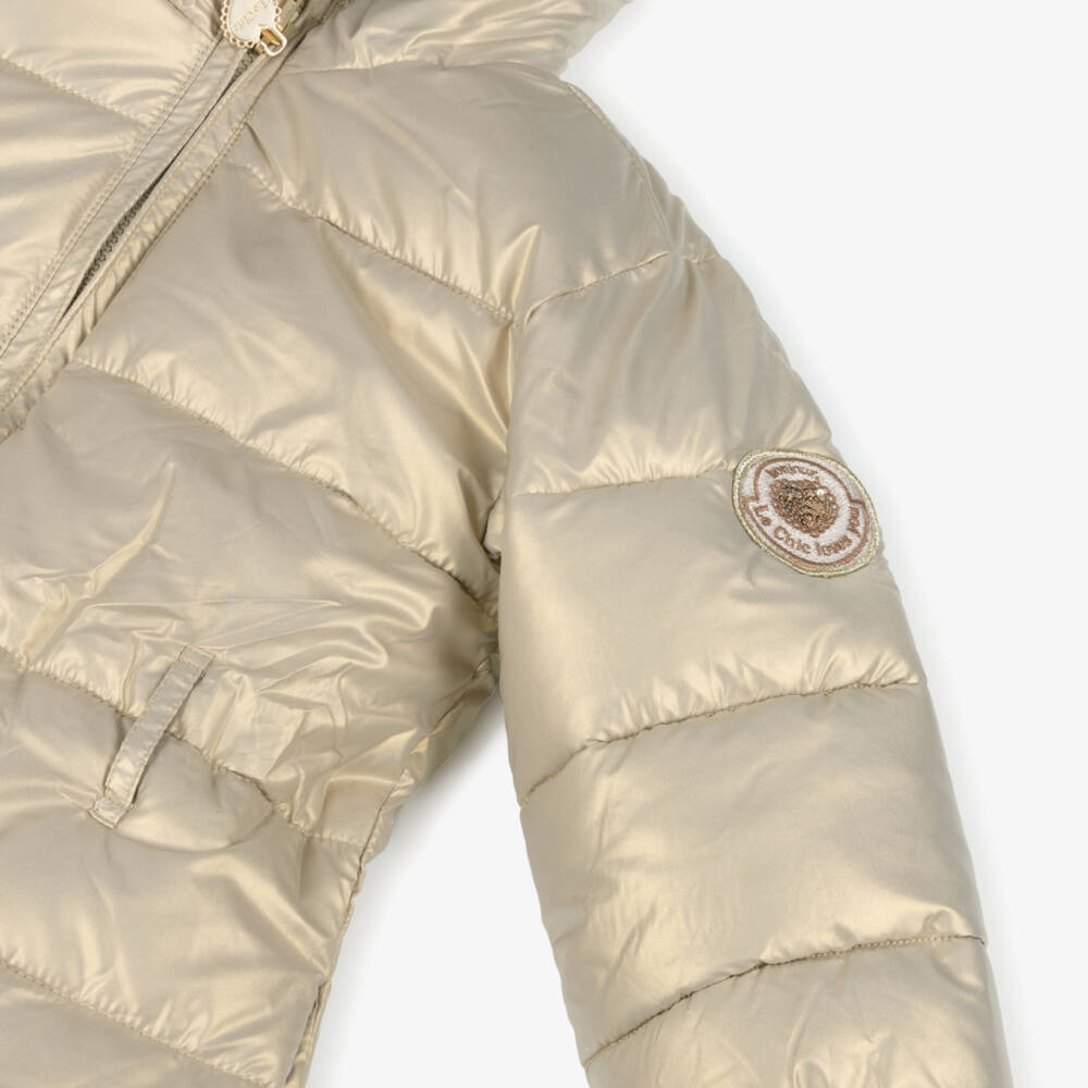 Le Chic-Girls Gold Sheen & Beige Faux Fur Reversible Coat | Childrensalon Outlet
