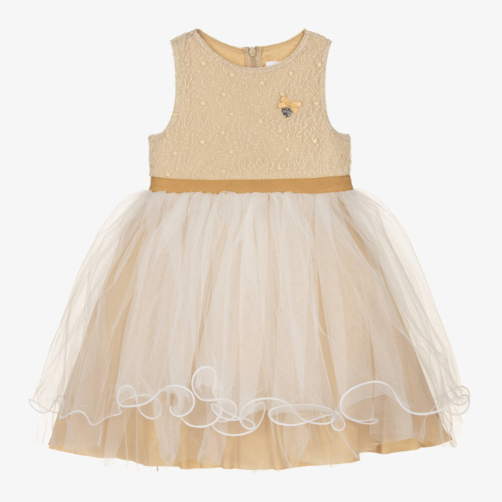 Le Chic - Girls Gold & White Tulle Dress | Childrensalon
