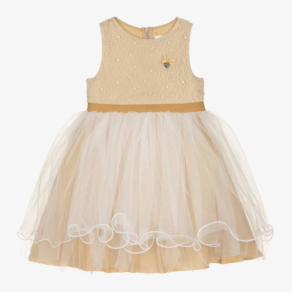 Le Chic - Robe dorée et blanche en tulle | Childrensalon