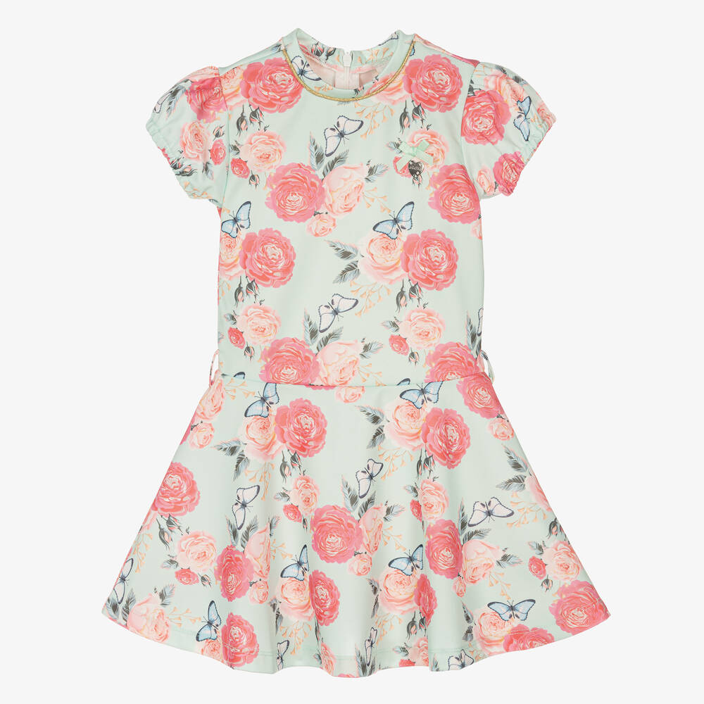 Le Chic-فستان قطن جيرسي لون أخضر بطبعة ورود | Childrensalon Outlet