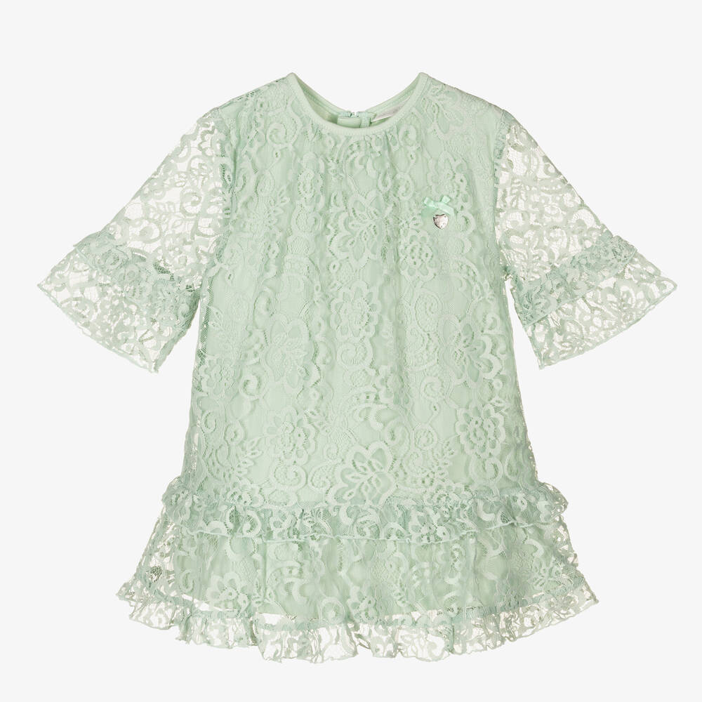 Le Chic - Robe verte en dentelle à volants | Childrensalon